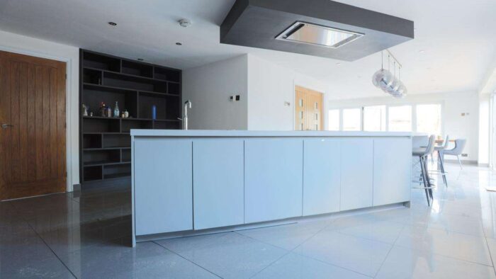 German Bespoke Light Grey & Walnut Effect Kitchen & Large Island Siemens Quooker Appliances Corian Worktops