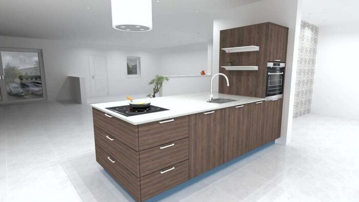 Ex Display Kuhlmann Tema Classic Oak & Blue Lacquered Peninsular Compact Kitchen - Worktops
