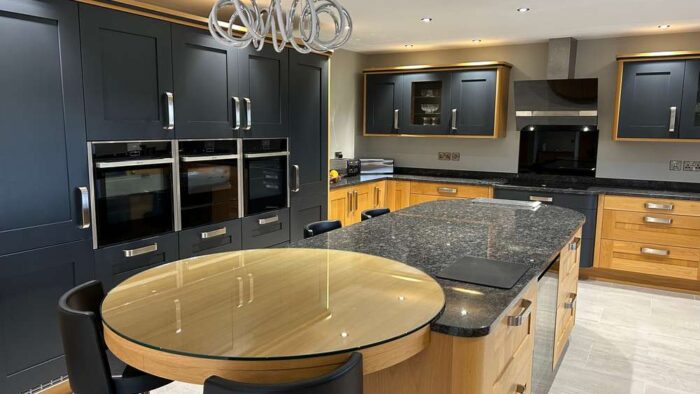 Callerton Modern Grey Charcoal & Oak Style Shaker Kitchen & Island – Neff Zip Appliances – Granite Worktops - Glass Breakfast Bar