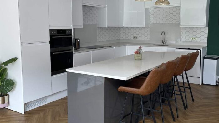 Modern J Handled White Gloss Kitchen & Graphite Grey Island – AEG Appliances – Quartz Appliances
